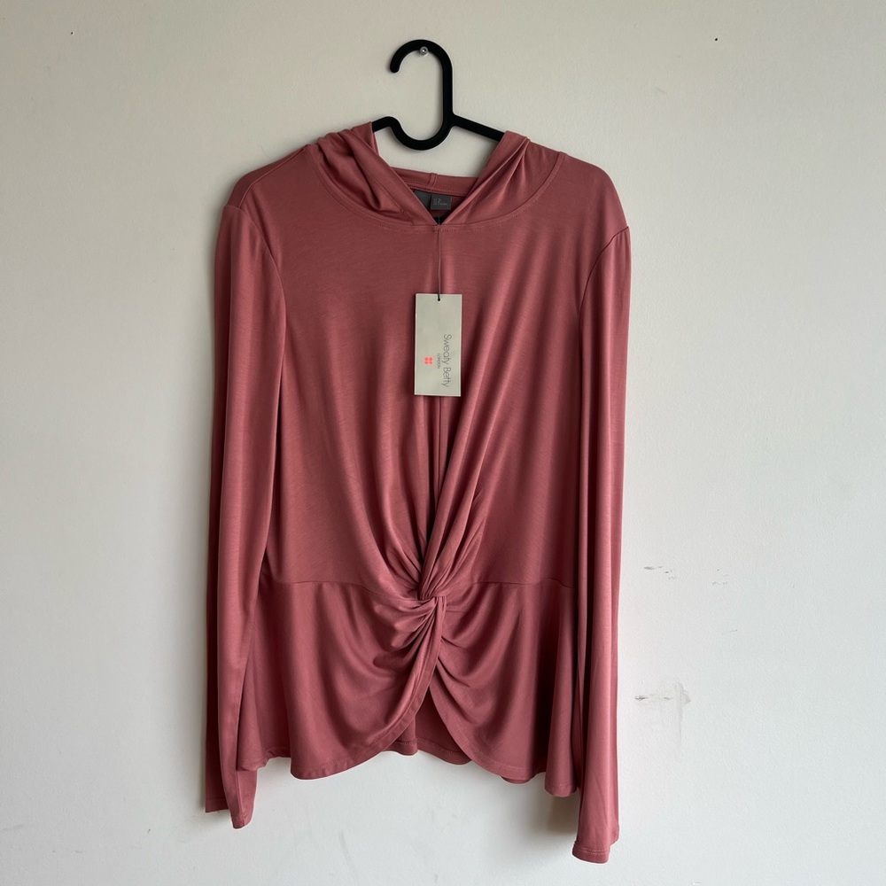Blouse Twist front long -Sleeve hooded size 8 medium office wear lightweight